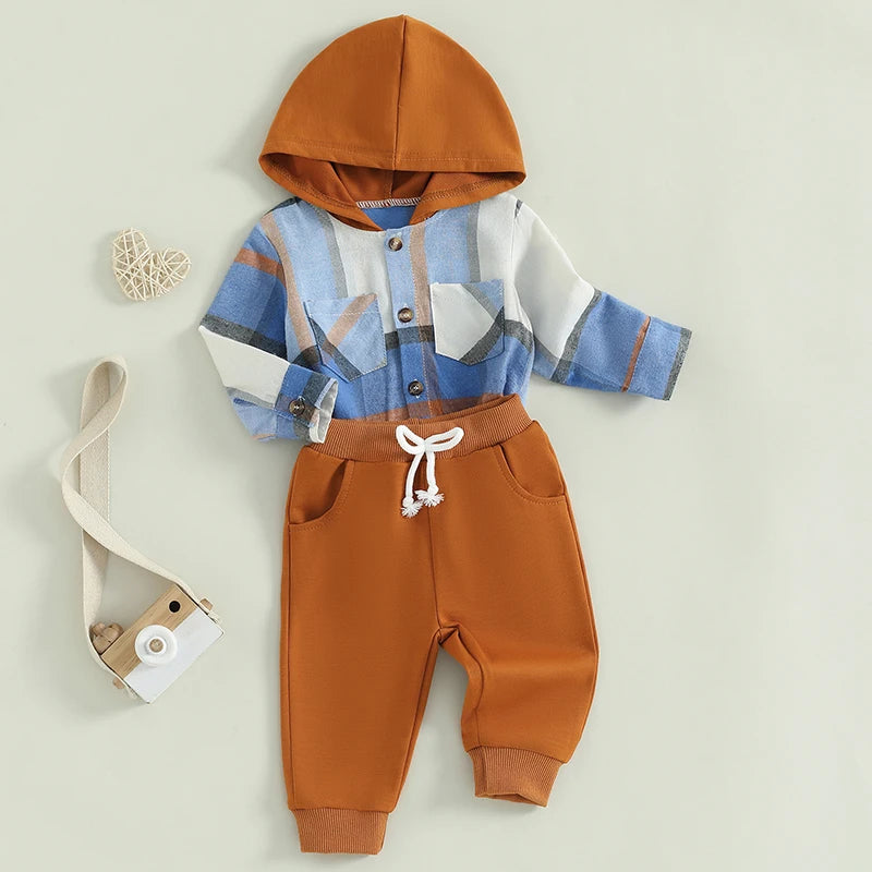0-24M Baby Boys 2-Piece Clothing Set - Long Sleeve Plaid Hooded Romper with Pants