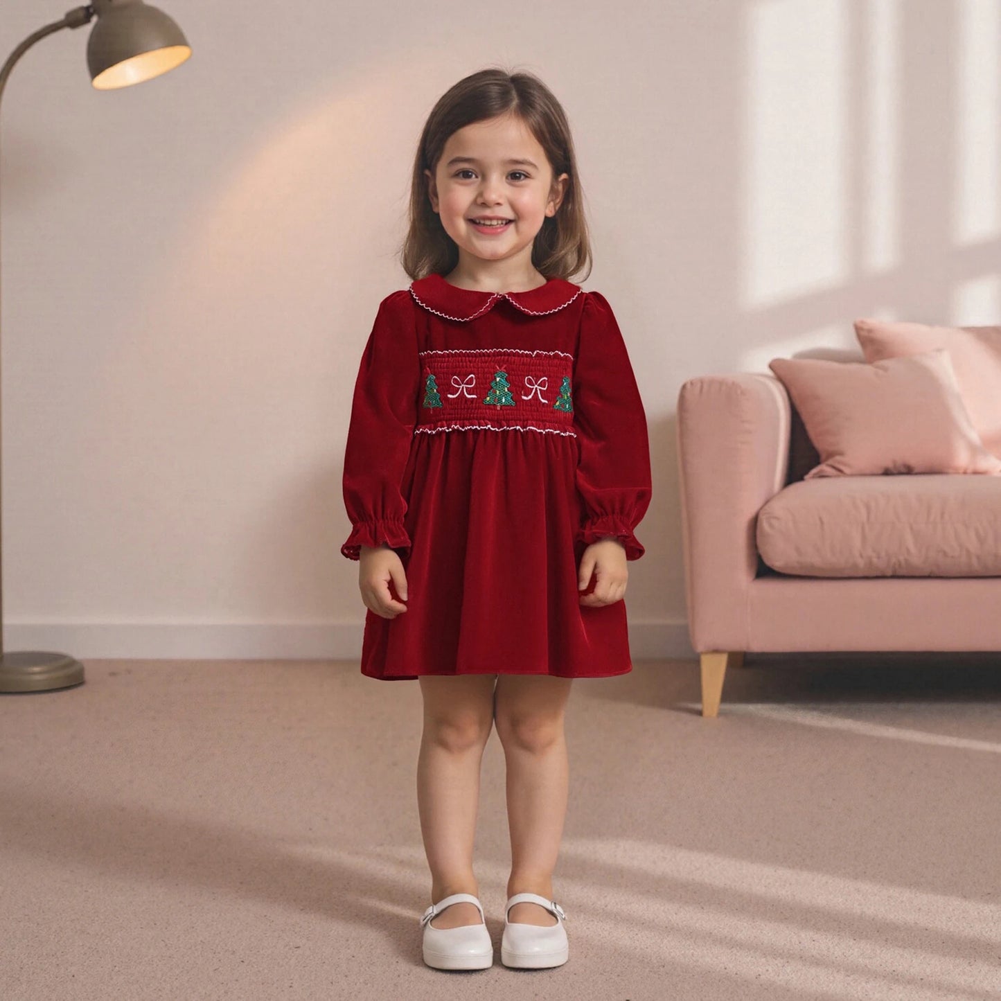Lovely Kids Girls Christmas Velvet Dress - Xmas Tree Embroidery Doll Collar A-Line (0-4Y)