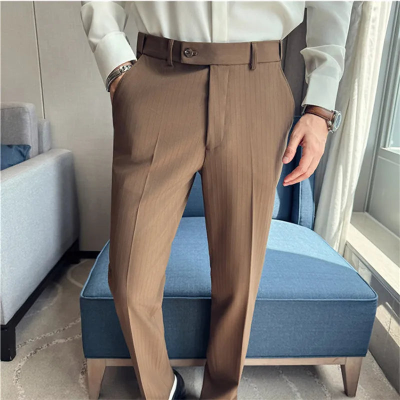 Men's Elastic Waist Suit Trousers - Smart Casual Solid Striped Pants for Autumn Winter