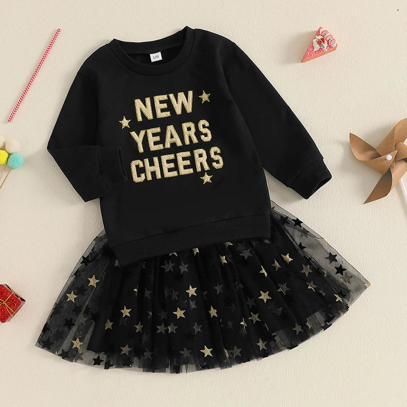 1-7Y Girls New Year Clothes Sets 2pcs Letter Embroidery Long Sleeve Sweatshirt Tops and Lace Tutu Skirts