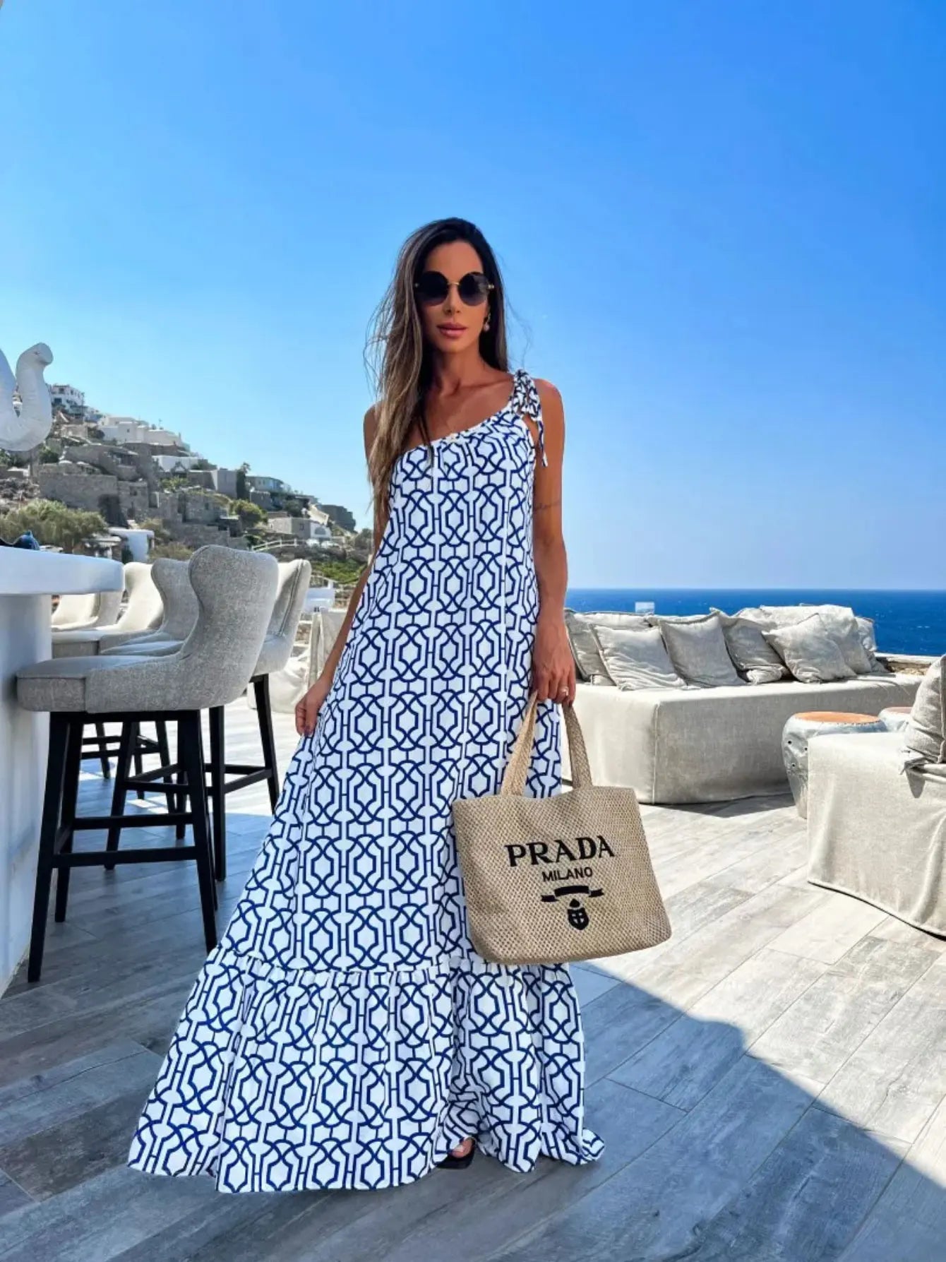 Women's Print Long Cover Up Elegant Slim One Shoulder Maxi Beach Dress