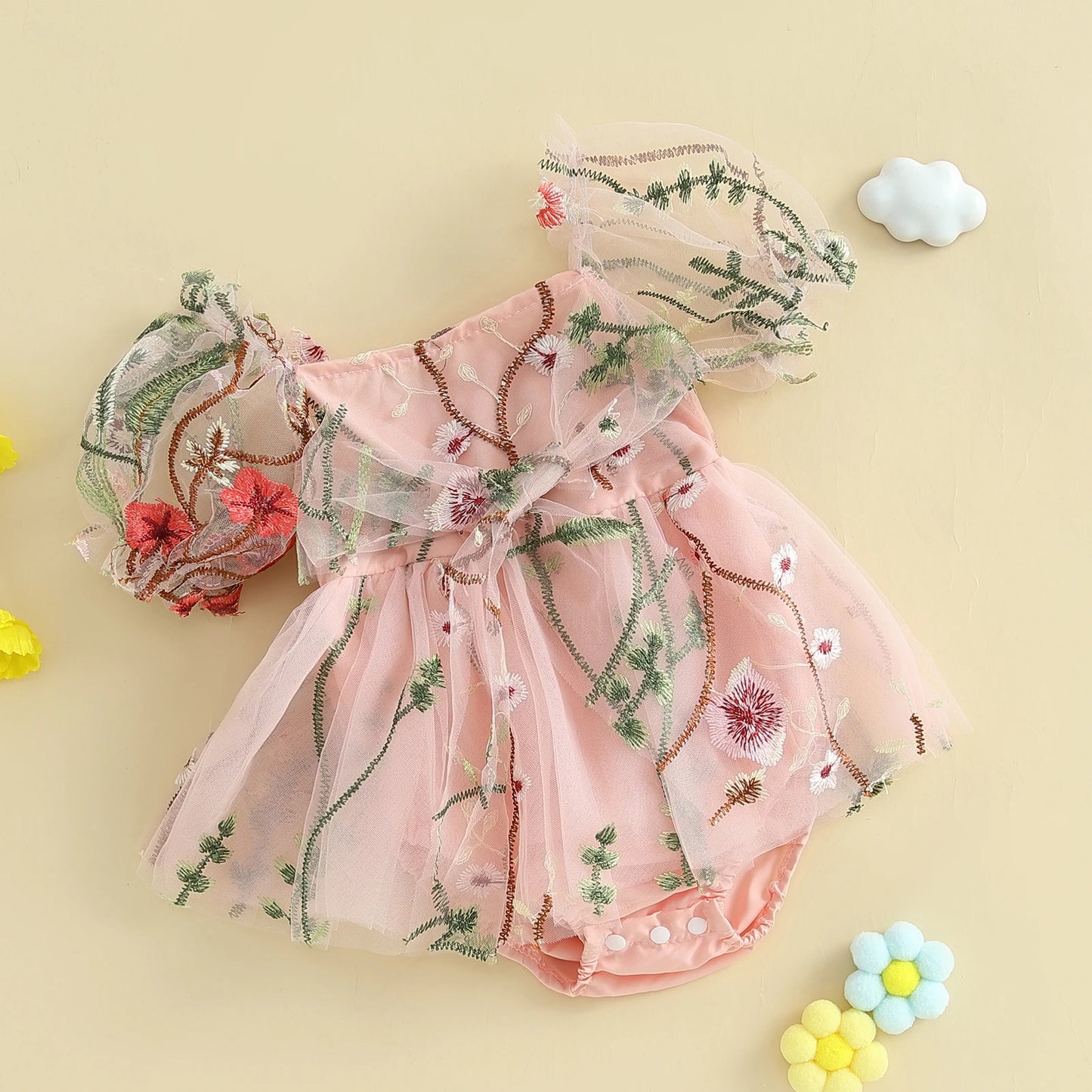 Baby Girls Princess Romper Dress - Flower Embroidery Mesh Skirt Bodysuit