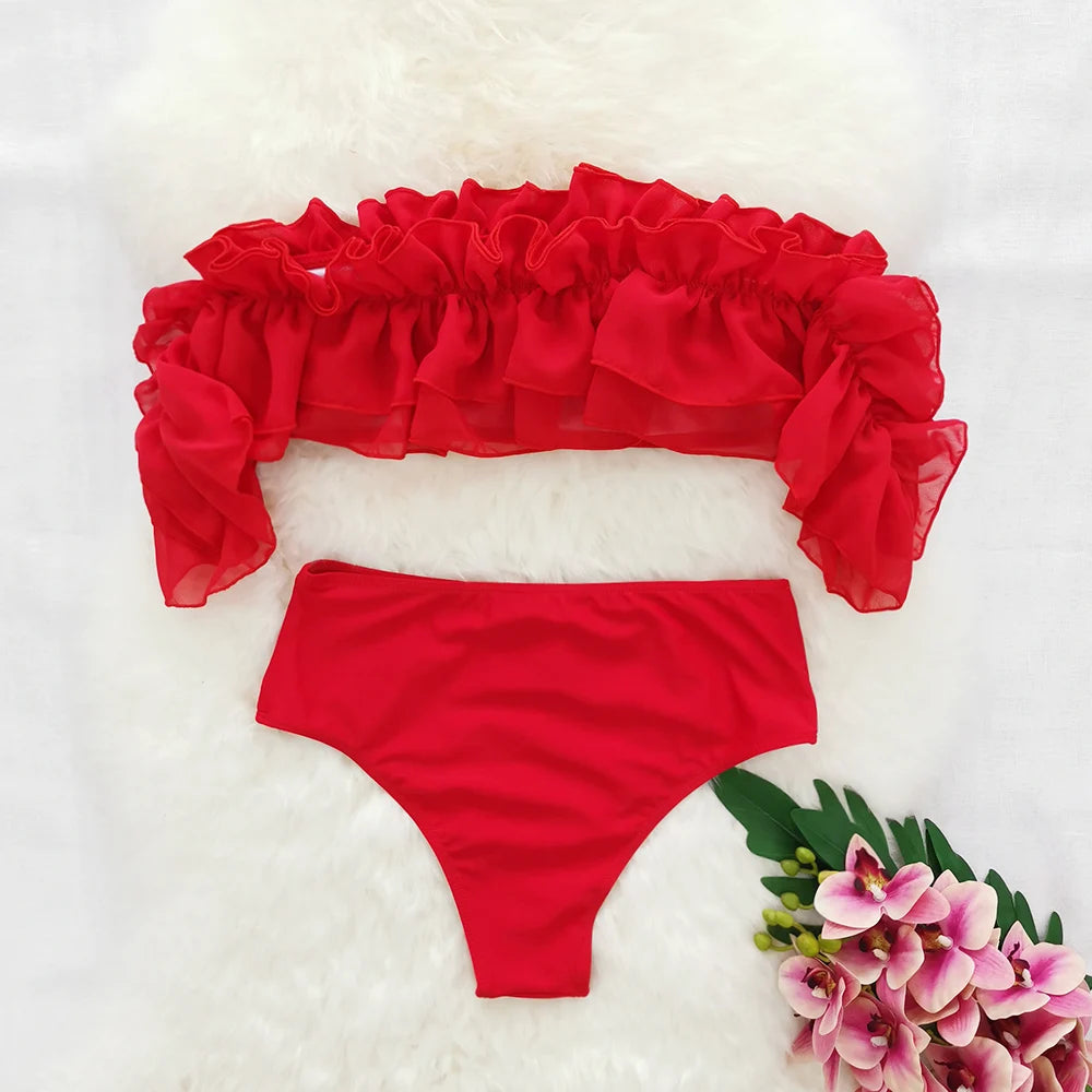 Women's Double Ruffle Bikini Swimsuit High Waist Swimwear Off The Shoulder Beachwear Bandeau Set