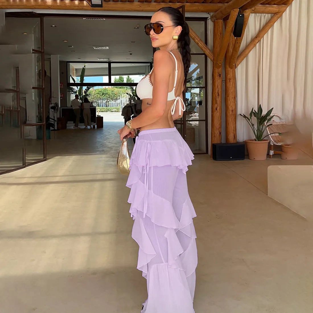 Women's Ruffled Tie Detail Flared Pants - Mesh Sheer Stretch Trousers