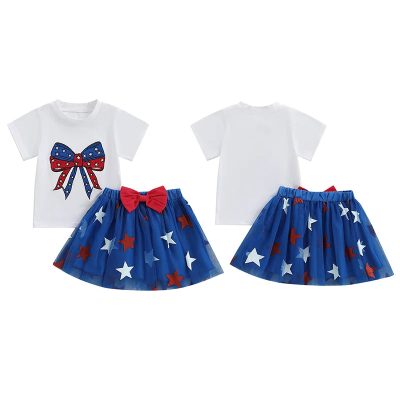 0-4Y Summer Kids Girls USA Clothes Set Short Sleeve Letter Bow Embroidery T Shirts Star Tulle Skirt