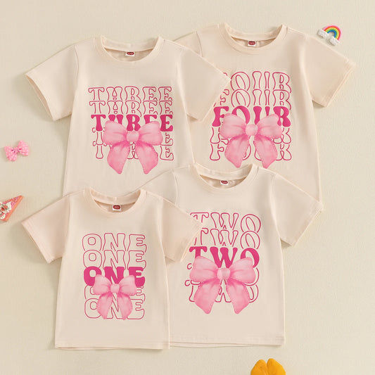 Girls' Bow & Letter Print Short Sleeve T-Shirt | Round Neck Graphic Top | Ages 6M–5Y
