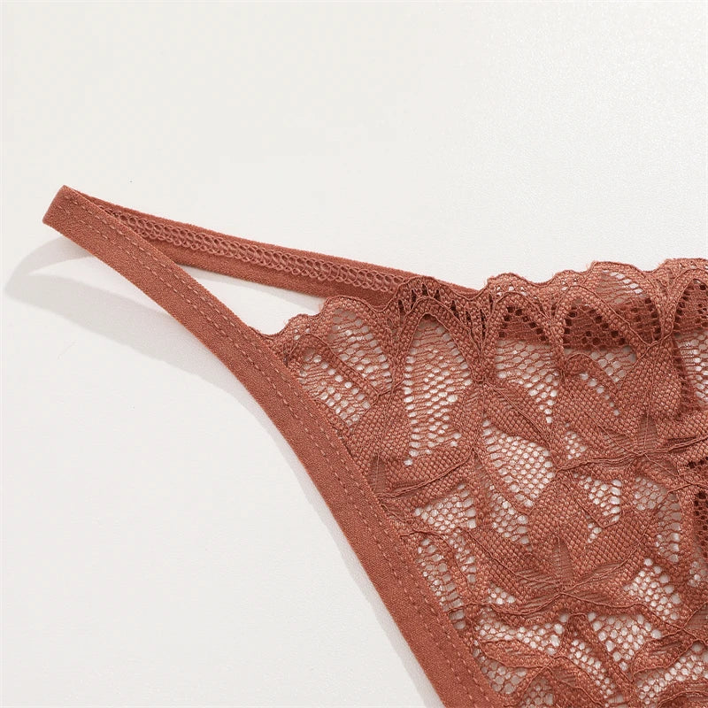 Women's 3Pcs/Set Lace Floral Thongs Hollow Out Underwear Low-Waist Perspective G-string Breathable Lingerie