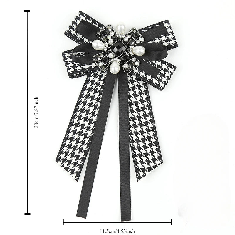 Houndstooth Ribbon Bow Brooch with Pearl
