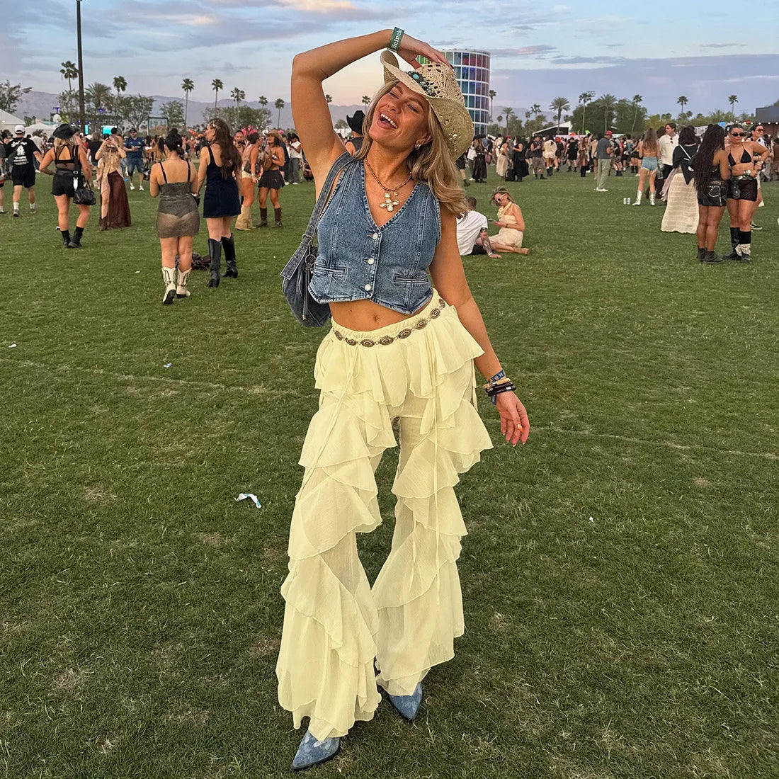 Women's Ruffled Tie Detail Flared Pants - Mesh Sheer Stretch Trousers