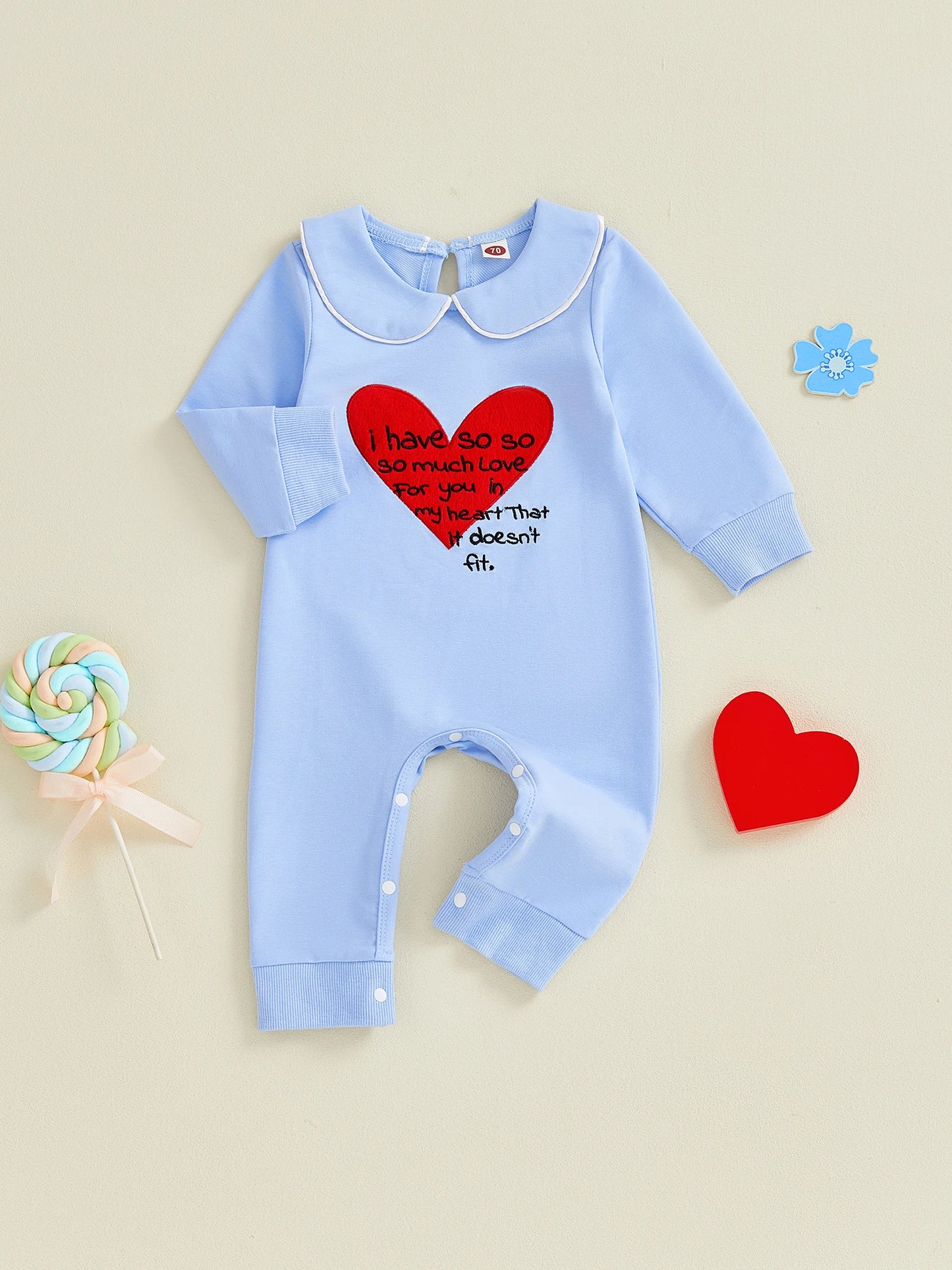 Lovely Baby Valentine's Day Romper - Heart Embroidery Long Sleeve Doll Collar Jumpsuit