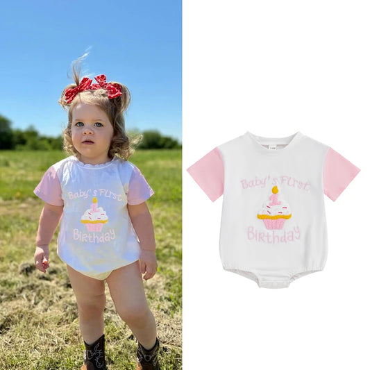 Baby Girls Birthday Cake Embroidery Romper - Color Patchwork Summer Jumpsuit (0-18M)