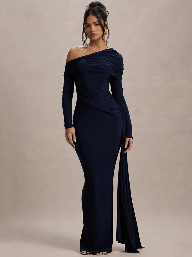 Women's Skew Collar Long Sleeve Maxi Backless Draped Ruched Bodycon Long Dress