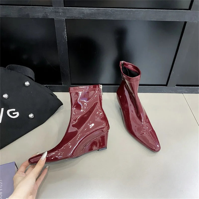 Patent Leather Pointed Toe Chelsea Ankle Boots | Wedge Heel & Rear Zip