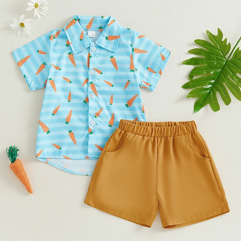 0-5Y Toddler Kids Boy's Easter Clothes Sets Rabbit/Carrot Print Short Sleeves T-Shirt and Elastic Shorts
