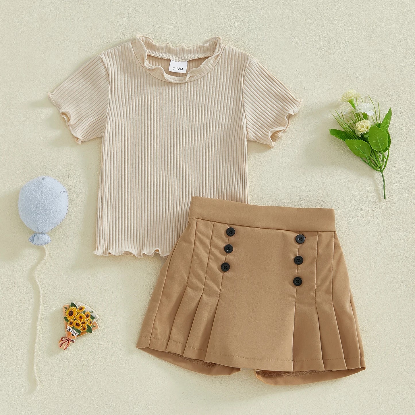 0-4Y  Kids Girls Summer Clothes Sets Short Sleeve Ribbed Top with Pleated A Line Skirt