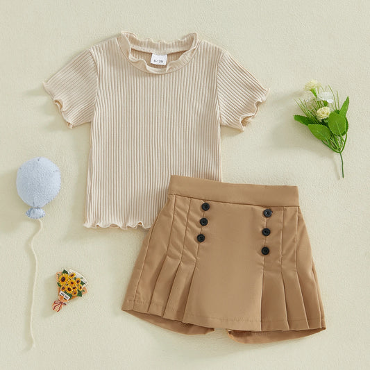 0-4Y  Kids Girls Summer Clothes Sets Short Sleeve Ribbed Top with Pleated A Line Skirt