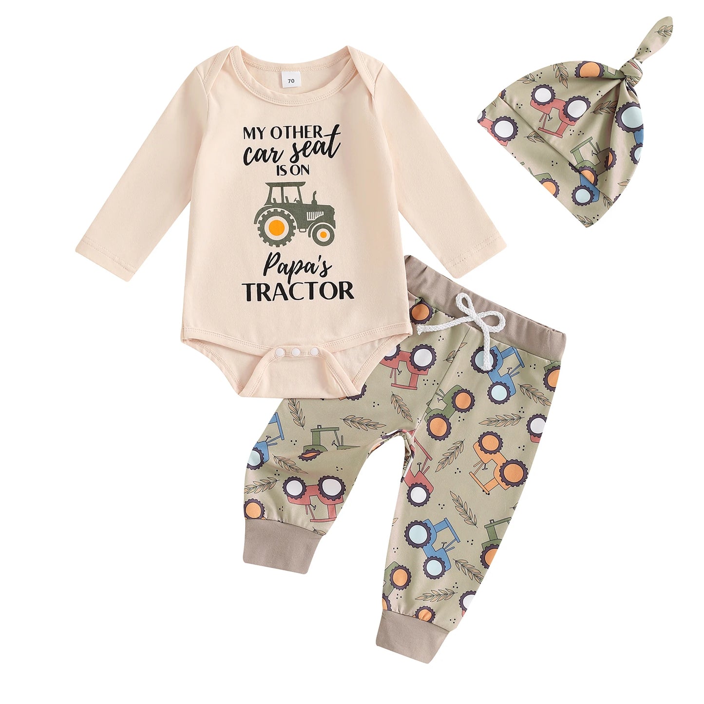 0-18M Newborn Baby Boys 3-Piece Clothing Set - Long Sleeve Romper with Tractor Pants and Hat
