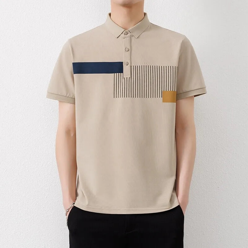 Men's Summer Casual  Contrast Colour Turn Down Collar Striped Polo Shirt