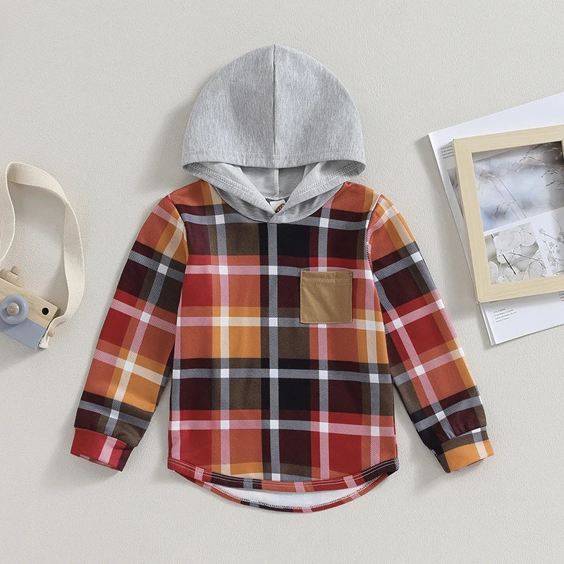 3-7Y Autumn Toddler Kids Boys  Hooded T Shirts Plaid Patchwork Long Sleeve Pullover Tops with Pocket