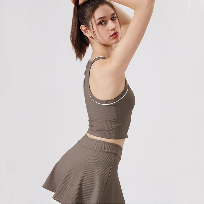 Women's Two-Piece Fitness Set - Yoga Top & Skort with Built-in Shorts