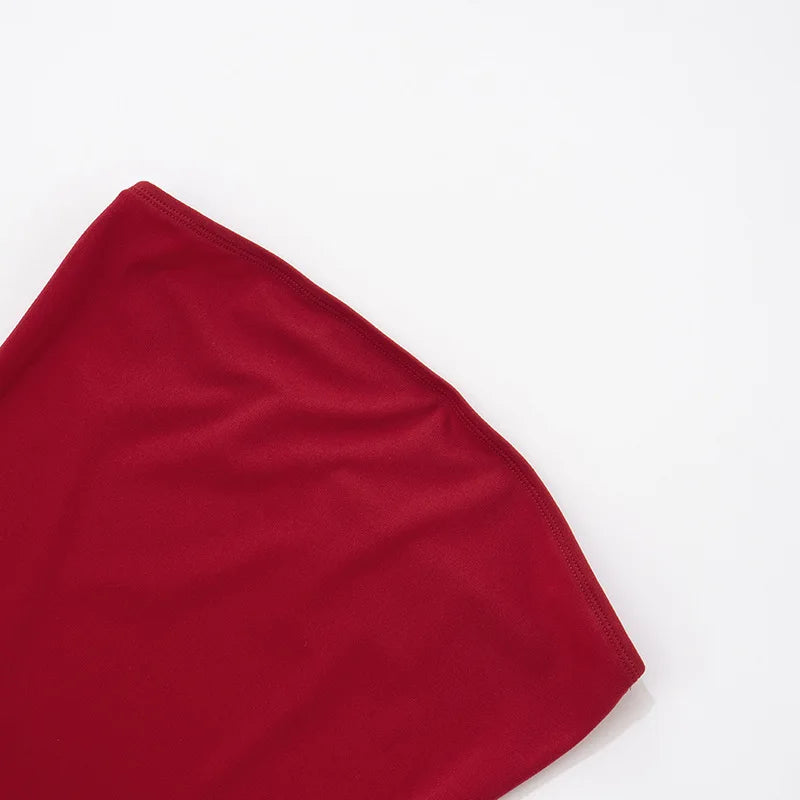 Women's Ruffled Strapless Mini Dress - Red Backless Bodycon with Neck Scarf