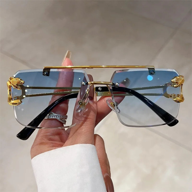 Unisex Vintage Rimless Oversized Square Double Bridge Gradient UV400 Sunglasses