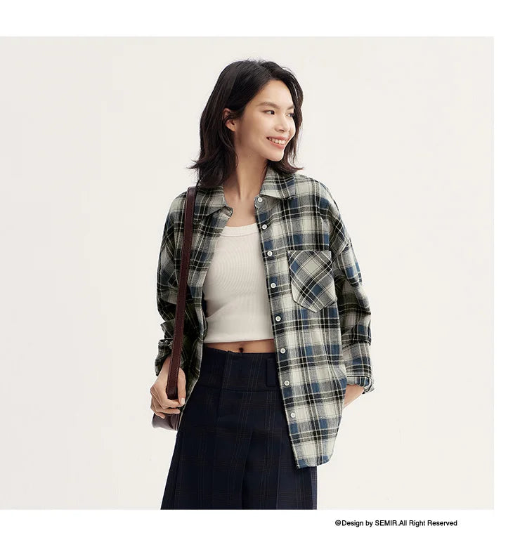 Oversized Drop Shoulder Plaid Shirt Loose Retro Casual Stylish Top