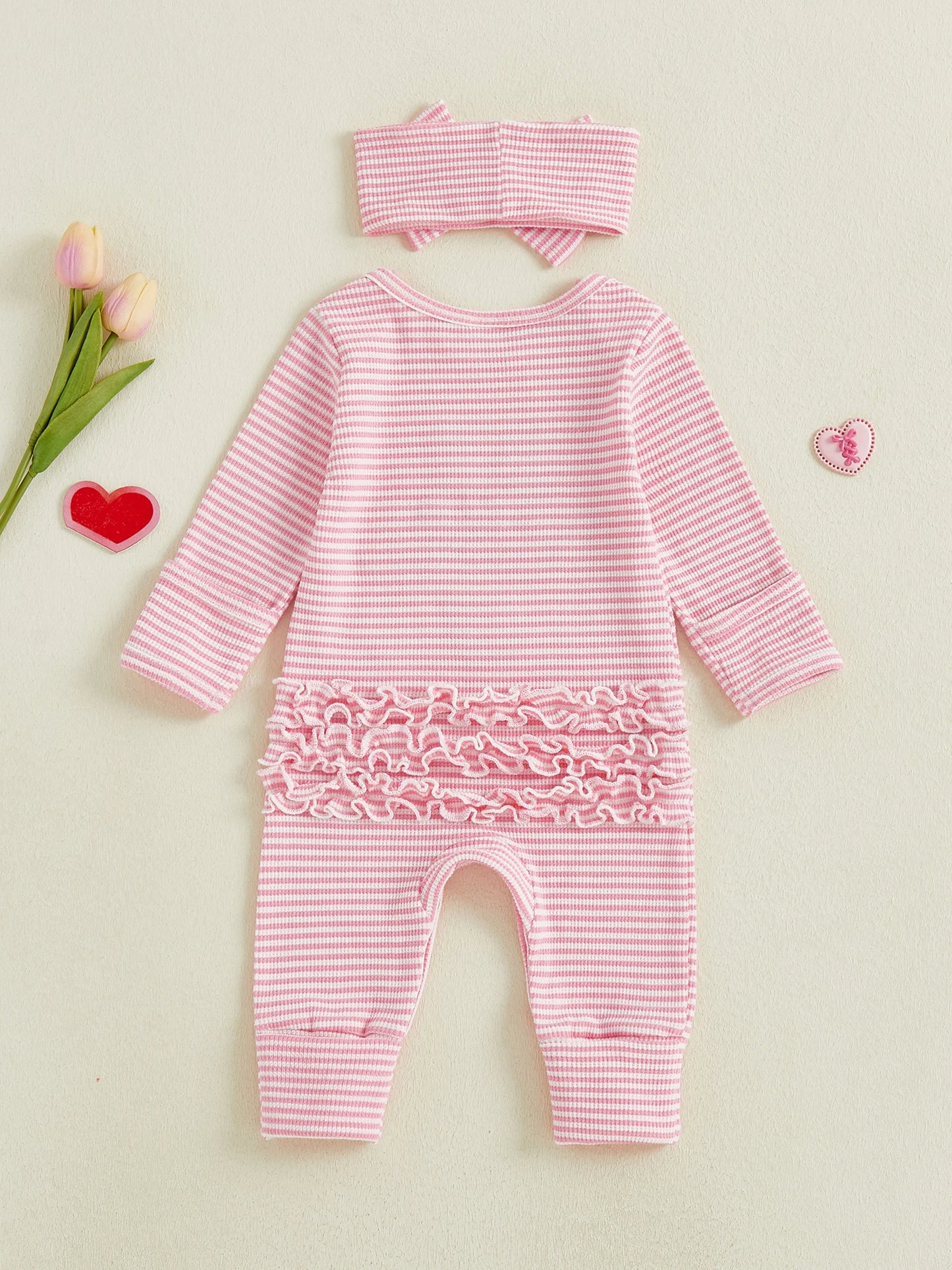 Newborn Baby Romper with Headband - Love Heart Embroidery Stripe Design