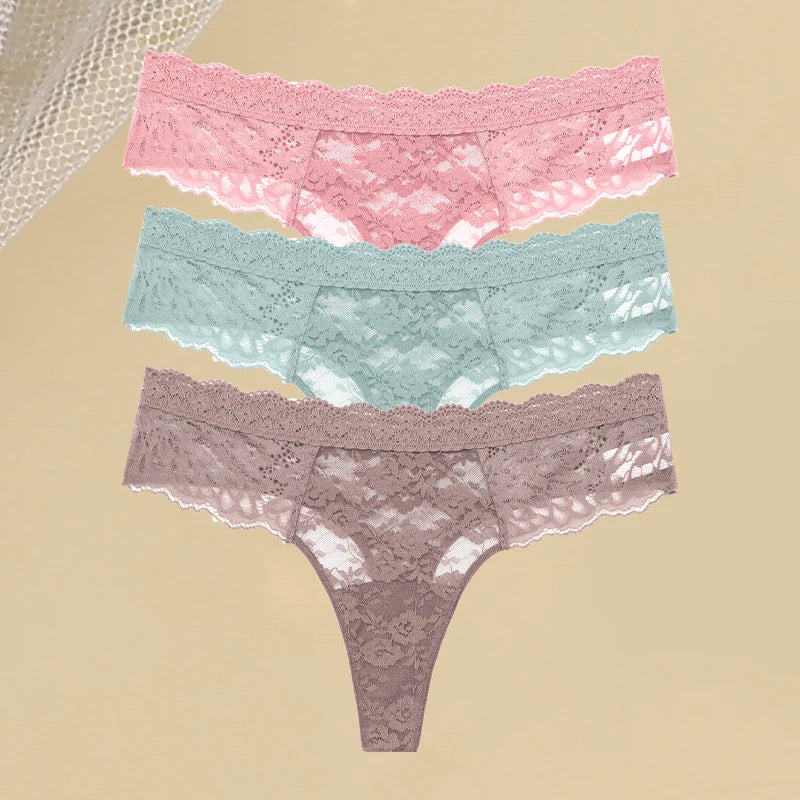 3Pcs Women's Lace Hollow Out Underwear Floral Print Panties Low-Waist Thong Breathable G-string Lingerie
