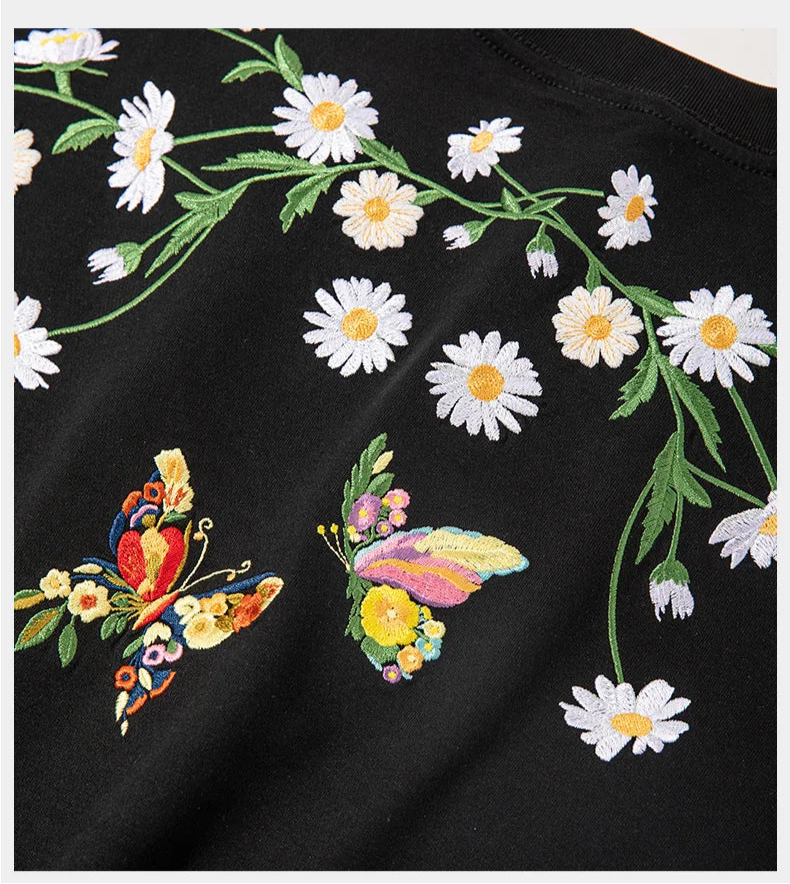 Men's Guochao short-sleeved Butterfly Embroidery Round Neck Cotton T-Shirt