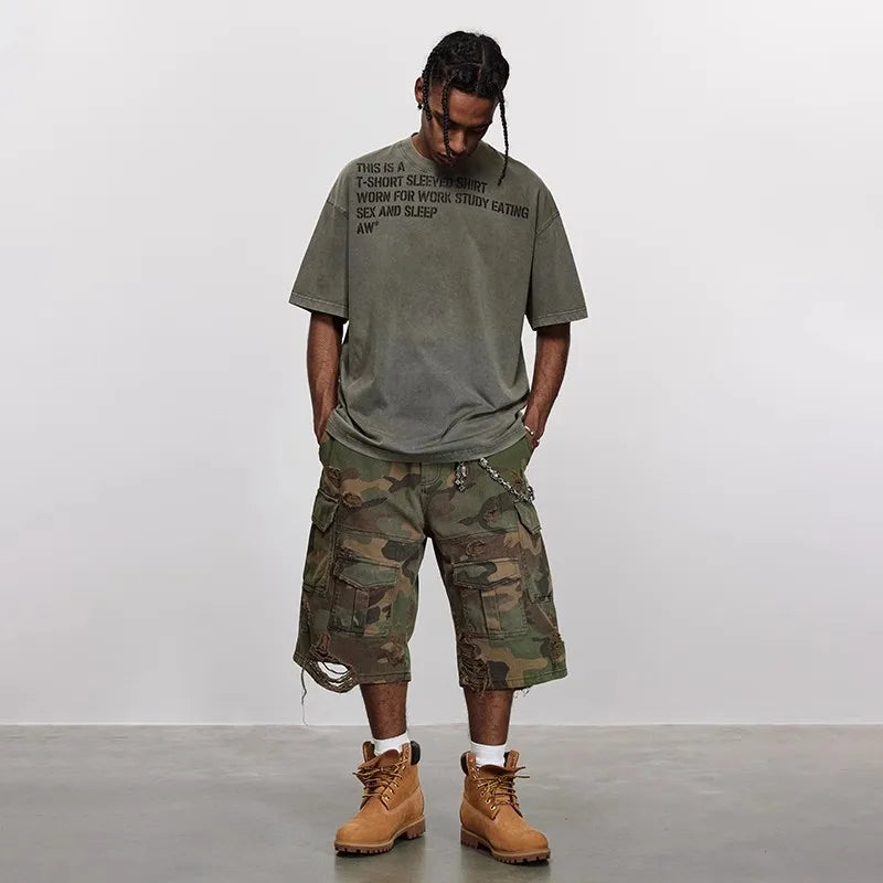 Men's Destroy Camouflage Grinding Washed Cropped Loose Wide-leg Shorts