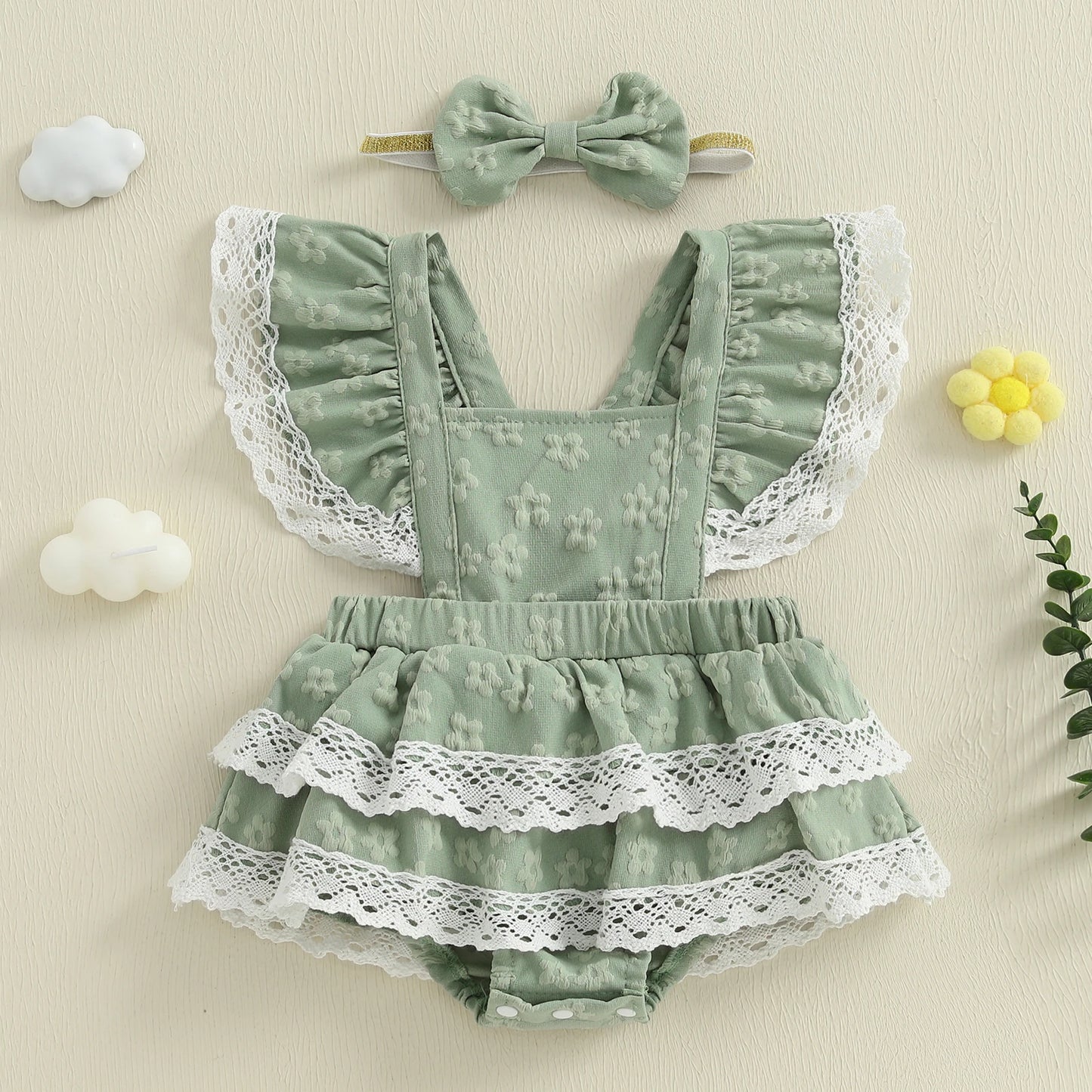 Baby Girls Summer Romper Dress - Flying Sleeve Square Neck Floral Print with Bow Headband (0-18M)
