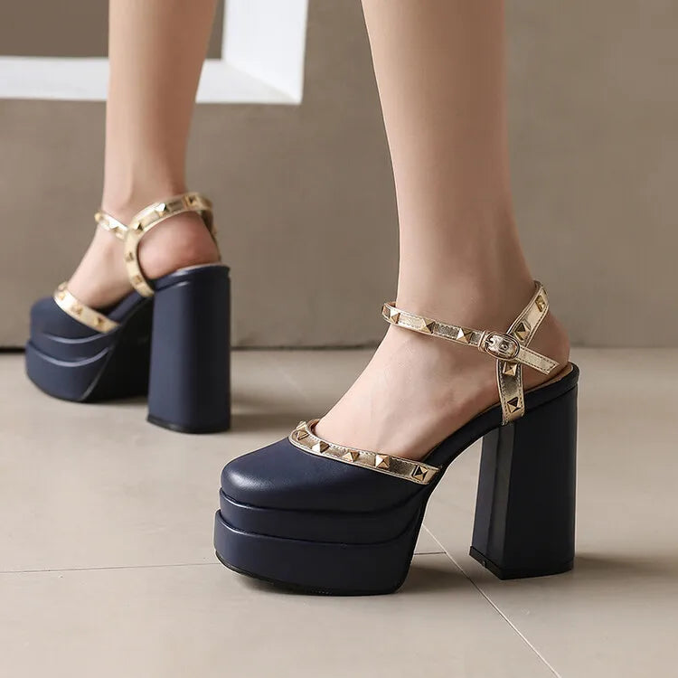 Women's Riveted Leather 14cm Square Heels Pumps Shoes