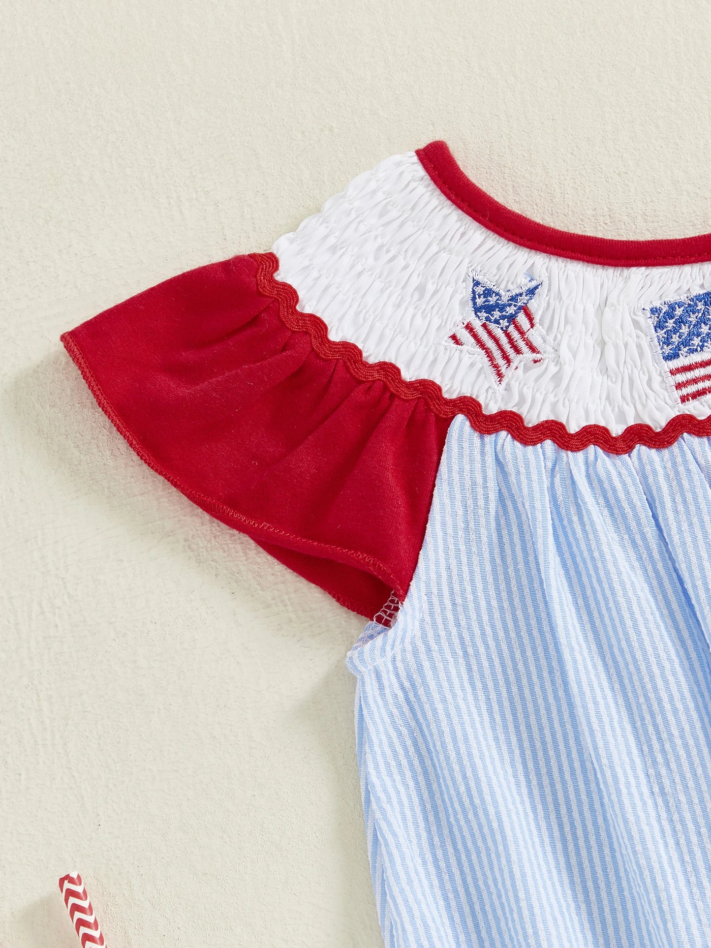 Baby Girls Summer Romper - Ruffles Tassel Flutter Sleeve Striped Flag Embroidery (0-18M)
