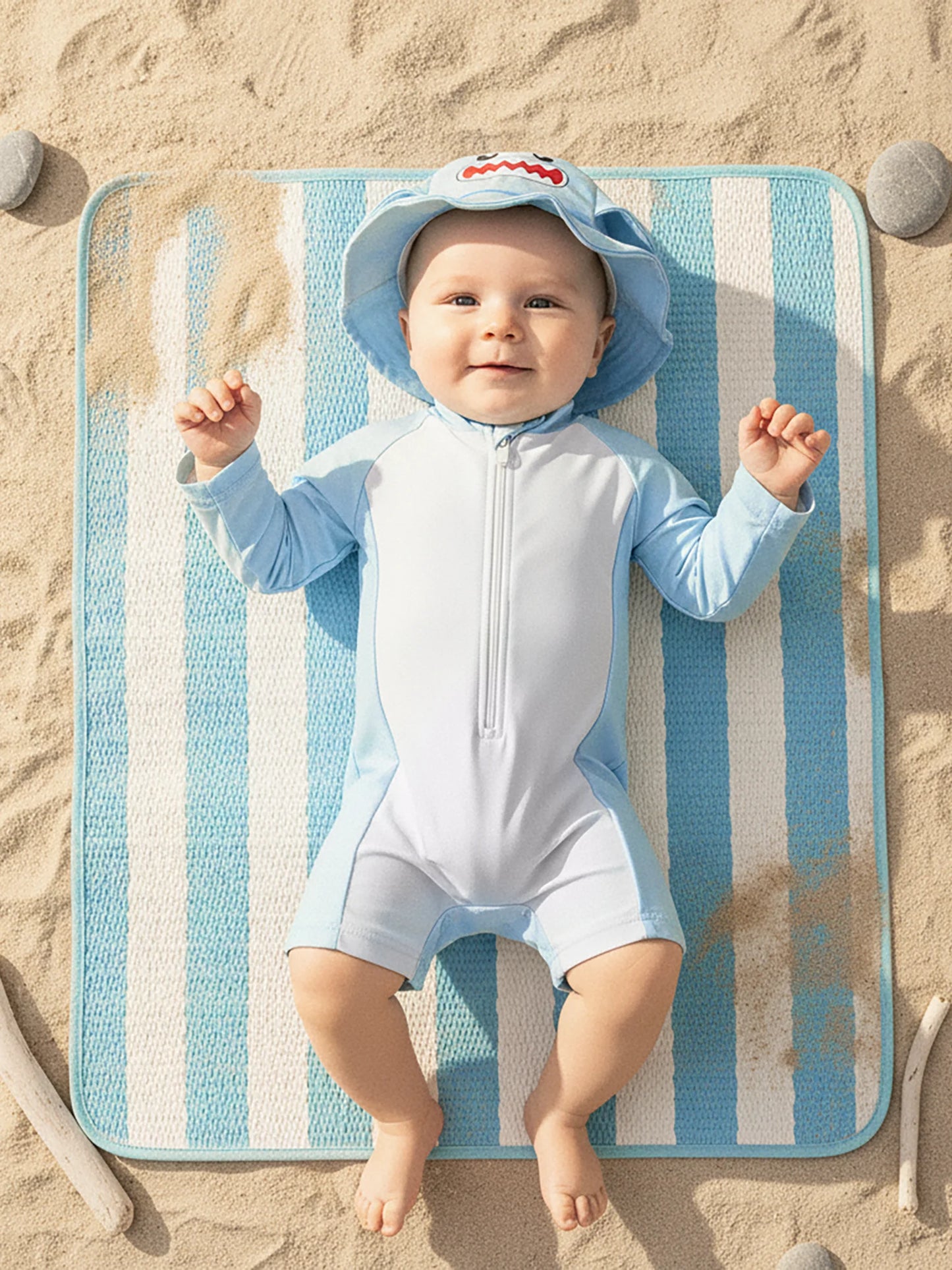 Baby Boys Rash Guard Swimsuit Set - Long Sleeve Zip-Up with Sun Cap