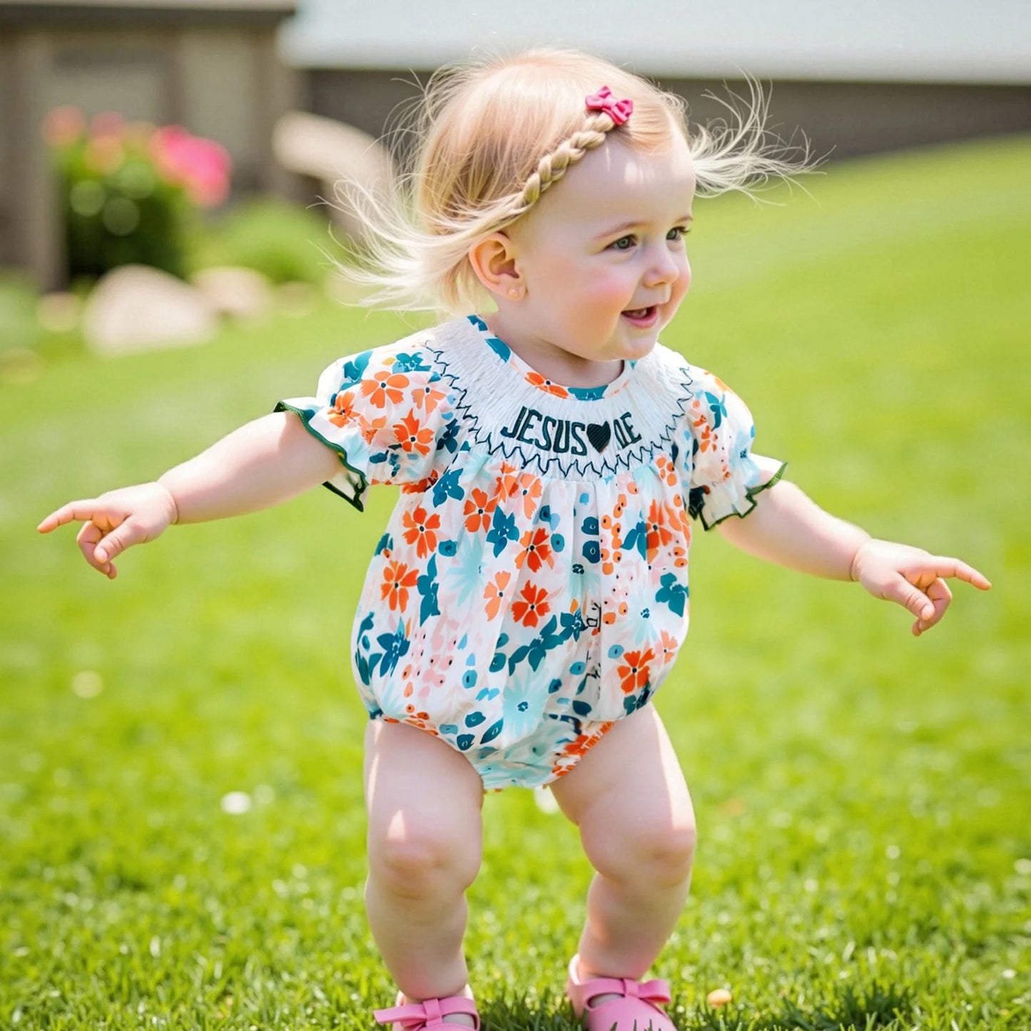 Baby Girls Floral Letter Embroidery Romper - Smocked Short Sleeve Playsuit (0-12M)