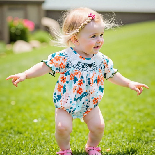Baby Girls Floral Letter Embroidery Romper - Smocked Short Sleeve Playsuit (0-12M)