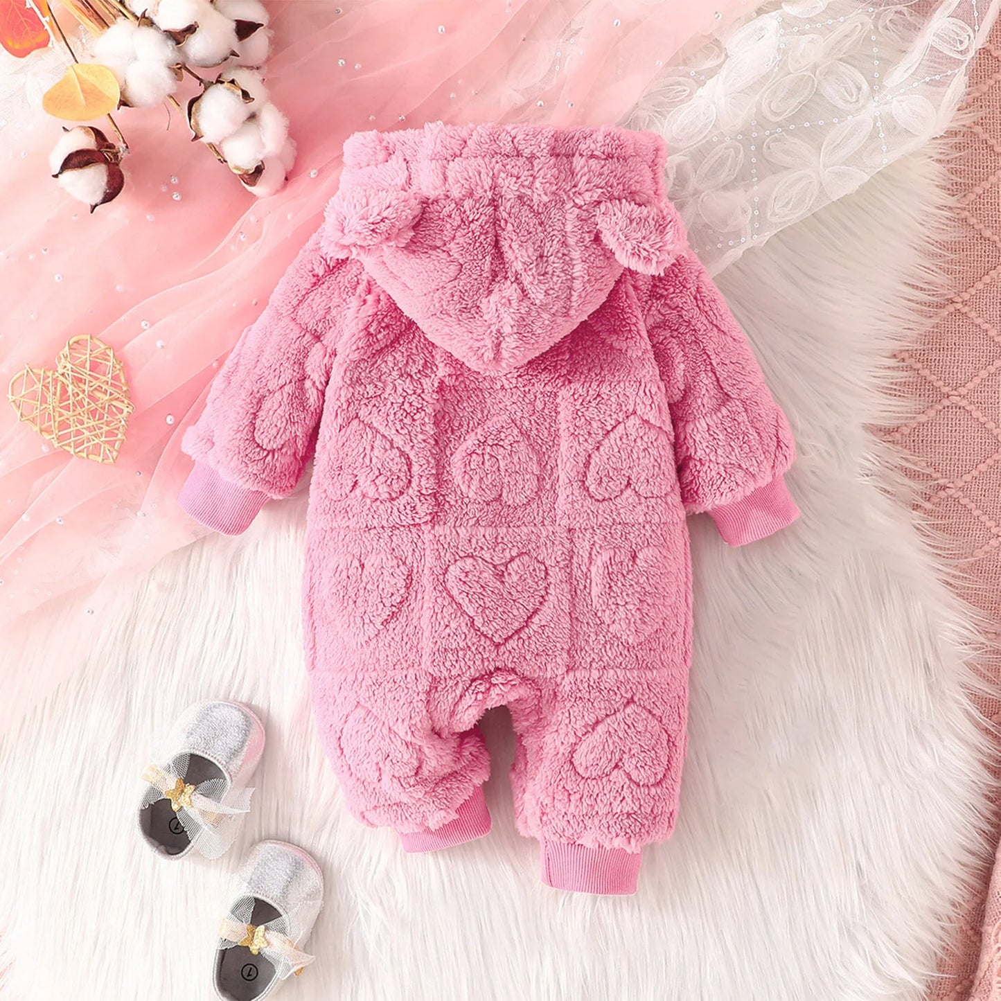 Baby Girls Boys Warm Romper 0-18M Solid Plush Hooded Long Sleeve Jumpsuits