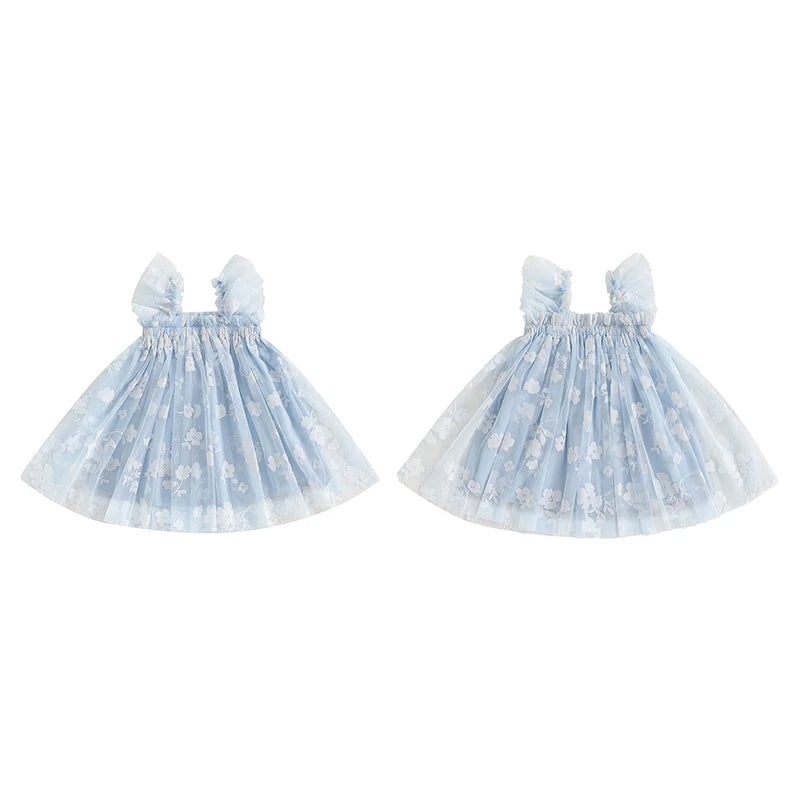 0-4YBaby Girls Summer Dress Glitter Star/Flower Print Fly Sleeve Square Neck Mesh Tulle Summer Dressress