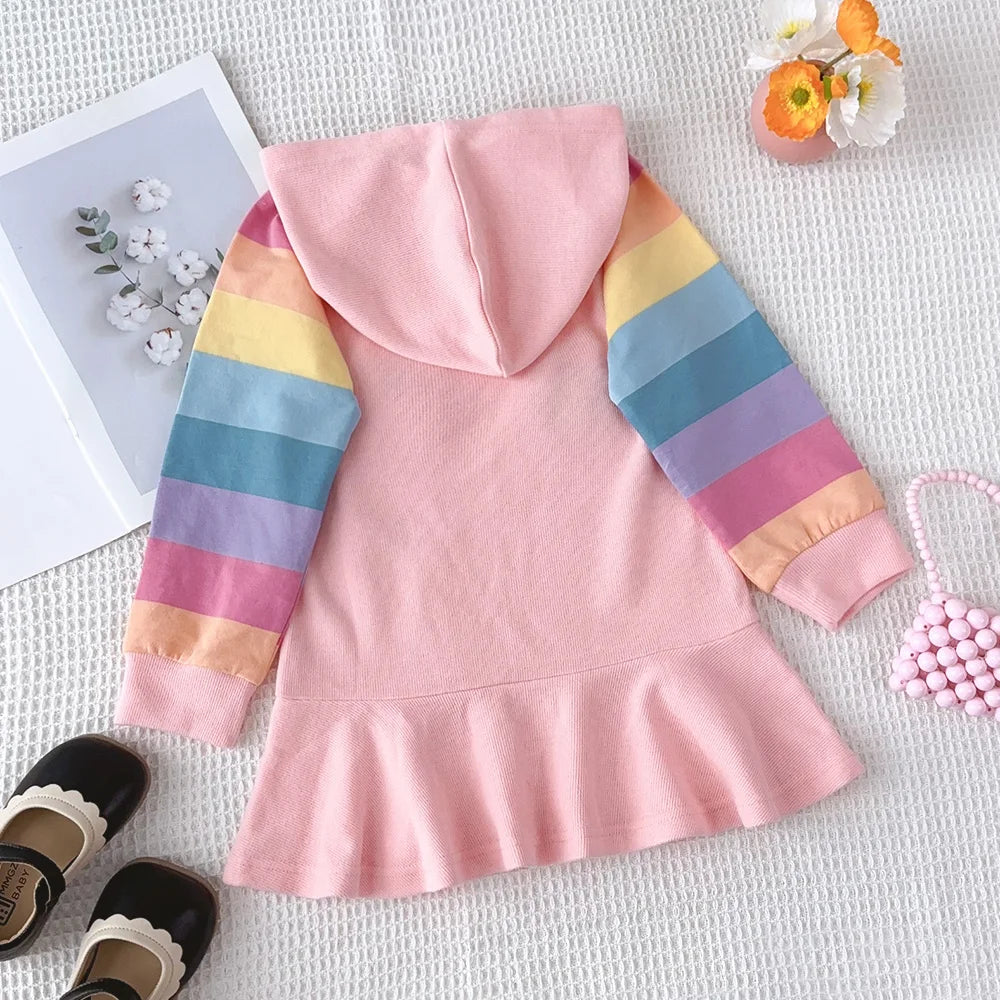 Girls Autumn Princess Rainbow Colourful Hooded Dress