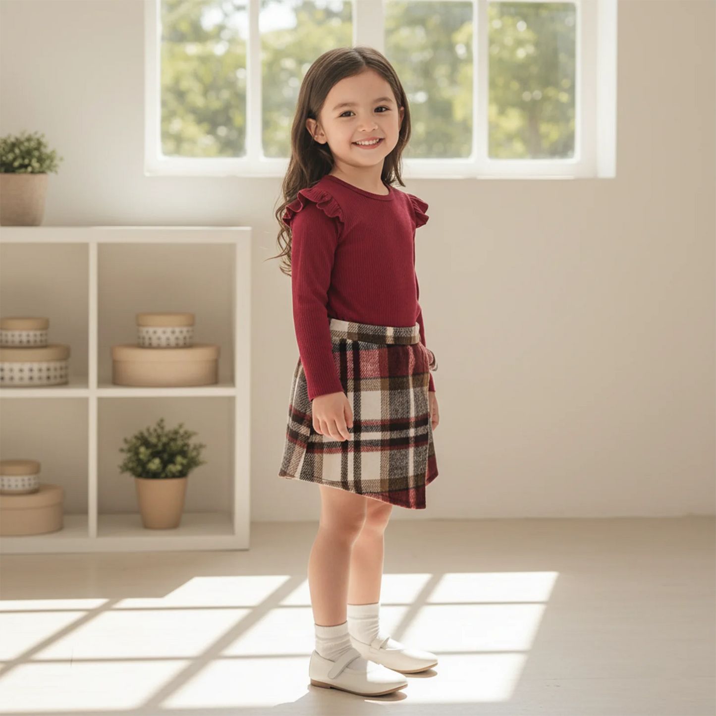 Toddler Girls Spring Outfit Set - Ruffle Ribbed Top & Plaid Skirt (1-5Y)