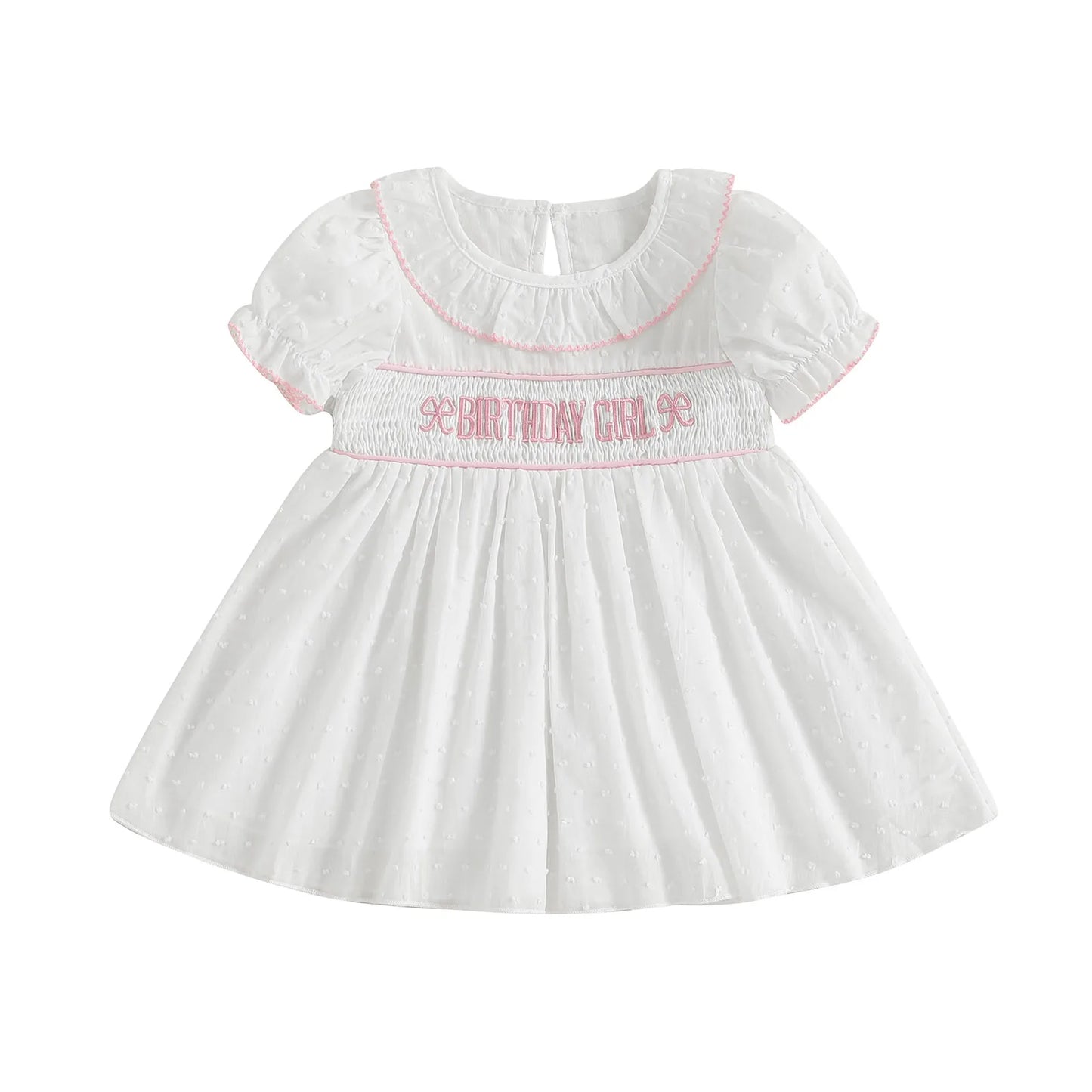 0-4Y  Kids Girls Birthday Dress 2 Style Short Sleeve Cake Embroidery Smocked Dress Summer A-Line Dress
