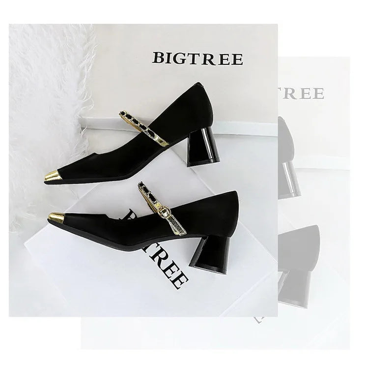 Women's Square Toe Metal Chain Temperament Mary Jane Middle Heel Shoes