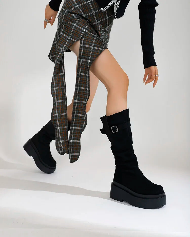 Women's Suede  Round Toe Knee High Buckle Pleats Boots