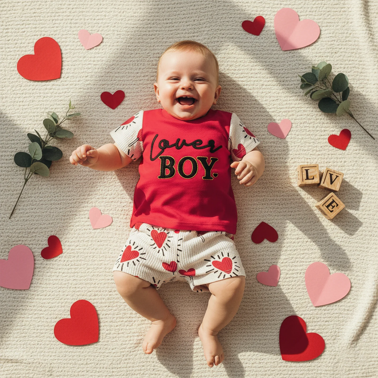Toddler Boys Valentine's Day Outfit Set - Letter Embroidery T-Shirt & Candy Heart Shorts