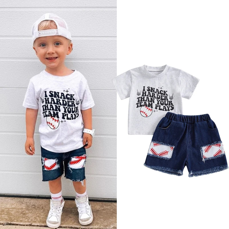 0-4Y Children, Kids Boys Summer Clothes Sets Letter Baseball Print Short Sleeve T-Shirt with Denim Shorts Outfit