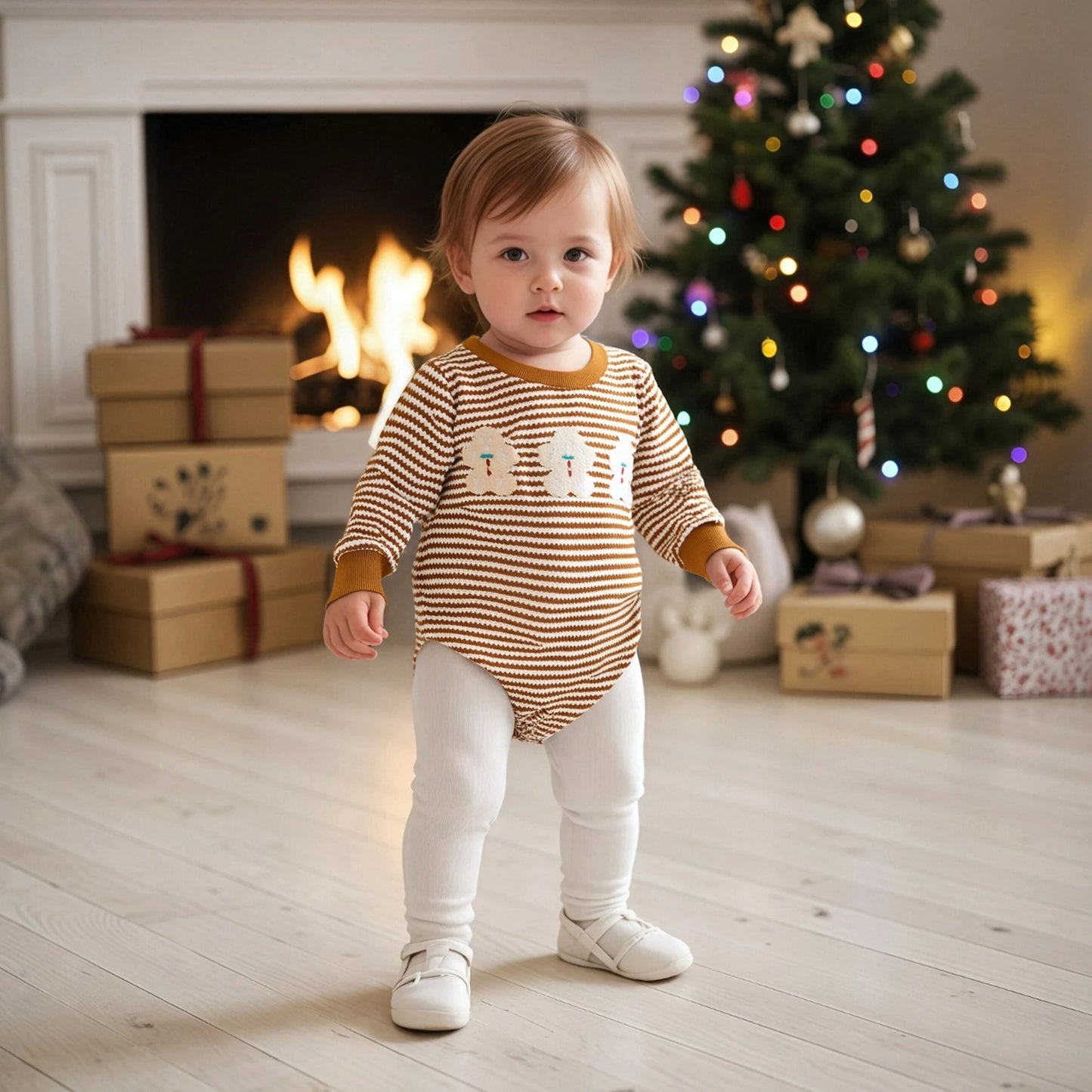 Baby Christmas Romper - Long Sleeve Stripes Print Xmas Embroidery Bodysuit