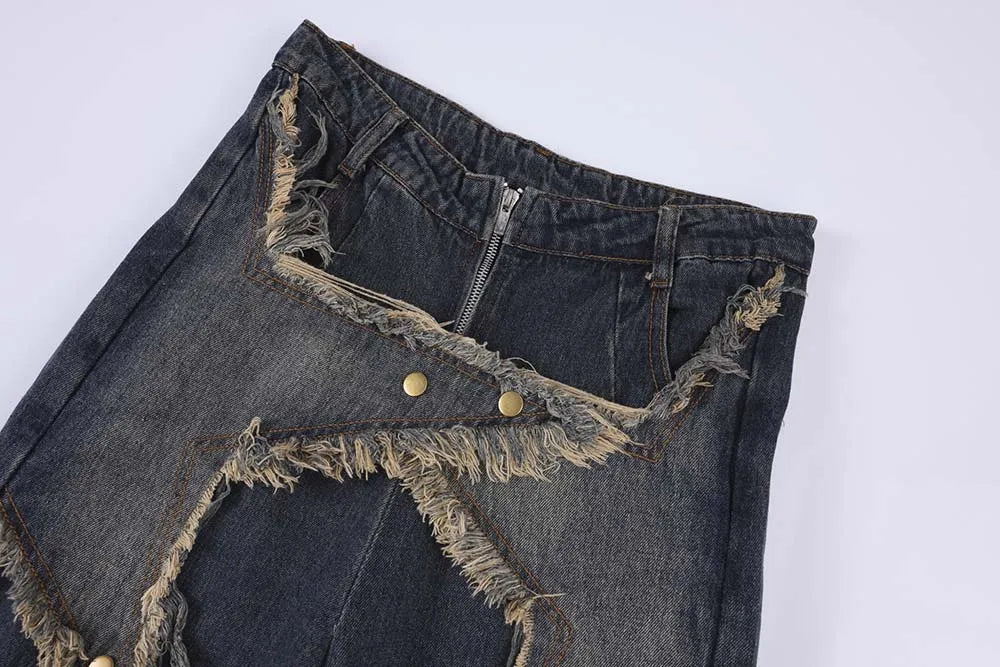 Men's Vintage Baggy Jeans Star Patchwork Loose Straight Denim Jeans