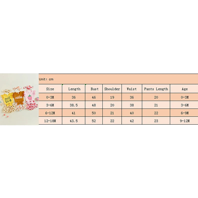 0-18M Baby Girls Summer Clothes Sets Flying Sleeves Letter Fruit Print Romper Tiered Ruffled Shorts with Headband