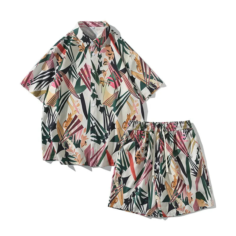 Men's Summer Print Set Turn Down Collar Short Shirts Shorts Hawaiian Beach Set  2-Piece Set